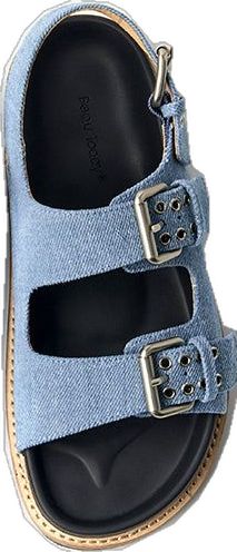 Trendy Denim Blue Round Toe Sandals, Trendy Denim Blue Sandals With Round Toe, Denim Open Toe Sandals With Buckle Closure, Spring Denim Sandals With Buckle Closure, Denim Sandals With Buckle Closure For Spring, Casual Blue Sandals With Buckle Closure, Blue Casual Sandals With Buckle Closure, Denim Blue Slip-on Sandals For Summer, Casual Closed Toe Denim Sandals