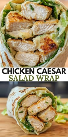 chicken caesar salad wrap is cut in half and stacked on top of each other