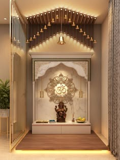 a room with a buddha statue in the center and lights on the ceiling above it