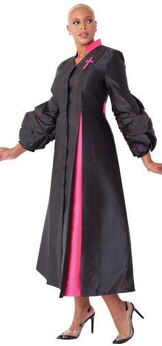 TALLY TAYLOR COLLECTION Style: 4730 Color: Black/Fuchsia Uniquely Designed Two Tone Fully Lined Church Robe Button front church robe with pleats, puff sleeves and jewel cross. Pearl Trimmed Ruffled Sleeves with Insets Length: 52 1/2” Our Church Robe Collection has a true custom look without the big price tag Use Coupon Code SAVE10 at checkout (YOU'LL GET A 10% DISCOUNT) Clergy Women, Clergy Robes, Women Robes, Full Length Robe, Church Dress, Church Suits, Church Dresses, Church Outfits, Ruffled Sleeves