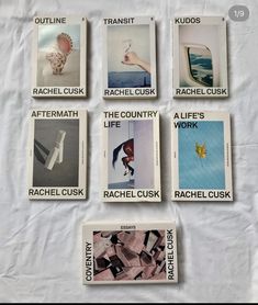 six different types of cards on a white sheet with the words rachel cusk, rachel cusk, rachel cusk, rachel cusk, rachel cusk, rachel cusk and rachel cusk