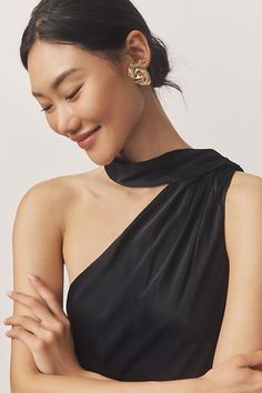 With a sophisticated silhouette, the BHLDN Nicoletta One-Shoulder Tie-Neck Satin Midi Dress radiates a refreshing and feminine essence. With a removable neck tie and draped satin fabrication, you'll feel endlessly elegant. | Nicoletta One-Shoulder Tie-Neck Satin Midi Dress by BHLDN in Black, Women's, Size: XL, Polyester/Viscose/Elastane at Anthropologie Neck Tie Dress, Shoulder Scarf, Feminine Essence, Tie Neck Dress, Satin Midi Dress, 50 Fashion, Tie Neck, Black Tie, Neck Tie