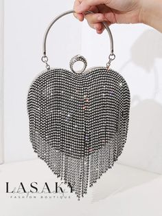 Lasaky - Exquisite Heart-Shaped Rhinestone Fringe Handbag: Perfect Party Clutch with Crossbody Chain for Valentines Day Silver Handbag, Fringe Handbags, Dress Purse, Rhinestone Fringe, Party Handbags, Party Clutch, Elegant Bags, Elegant Party, Evening Clutch Bag