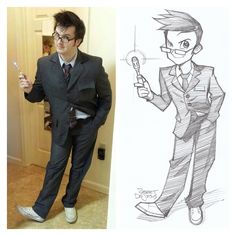 a man in a suit and tie standing next to a drawing of a cartoon character