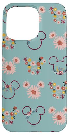 a blue phone case with flowers and mickey mouse ears on it