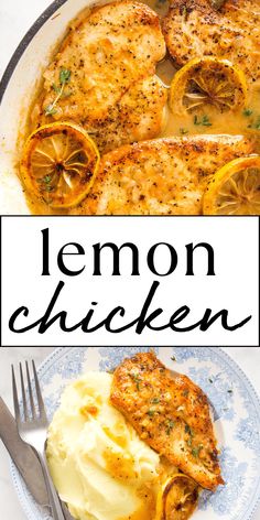 lemon chicken with mashed potatoes in a skillet