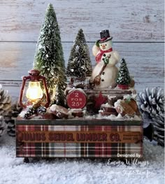 a snowman sitting on top of a box next to christmas trees and pine cones