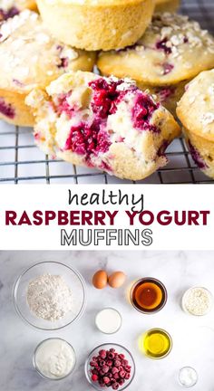 healthy raspberry yogurt muffins on a cooling rack with ingredients