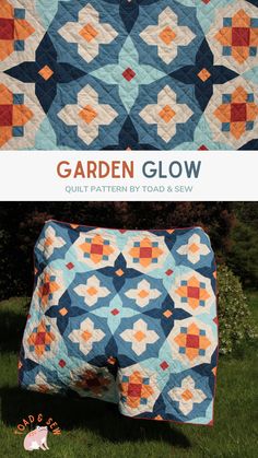 the garden glow quilt pattern is shown in blue, orange and white with text overlay