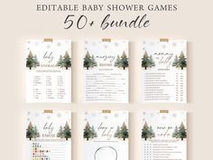 the editable baby shower games bundle is shown in four different colors and sizes, including snow