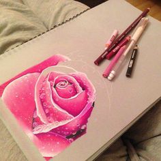 a drawing of a pink rose with water droplets on it and three crayons next to it