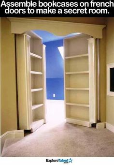 an open door leading into a room with shelves on either side and blue painted walls