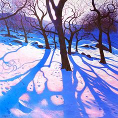 a painting of trees casting long shadows on the snow