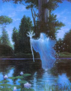 a painting of a ghost floating in the water with lily pads and trees around it