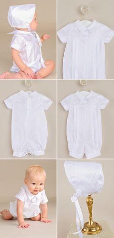 A handsome and understated warm weather romper, the Owen, is a great summer option with adorable bonnet. Formal Solid Color Summer Sets, Elegant Summer Daywear Sets, Solid Color Summer Formal Sets, Elegant White Summer Sets, White Fitted Summer Sets, Fitted Sets For Baptism In Spring, Solid Color Summer Baptism Dress, Classic Short Sleeve Sets For Baptism, Classic Cotton Set For Spring