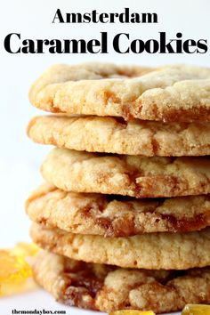 a stack of cookies sitting on top of each other with the words, amsterdam caramel cookies