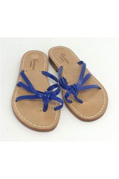 Size 6 EU 36 Blue Strappy Flat Sandals Made in Italy Leather sole Light wear on outer sole Outsole length 9.5" Blue Leather Casual Flip Flops, Casual Blue Leather Flip Flops, Blue Sandals With Single Toe Strap For Summer, Flat Sandals With Adjustable Rubber Sole, Blue Single Toe Strap Sandals For Summer, Blue Beach Sandals With Removable Insole, Adjustable Flat Sandals With Rubber Sole, Casual Adjustable Blue Sandals, Casual Blue Adjustable Sandals