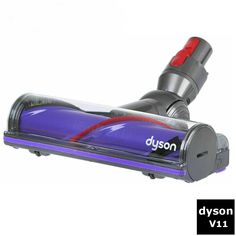 the dyson vacuum is purple and has red trimmings on its head, while it