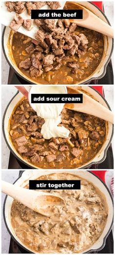 three pictures showing how to make beef stew