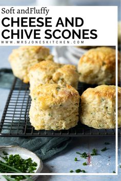 cheesy scones on a cooling rack with parsley in the foreground and text overlay reading soft and fluffy cheese and chive scones