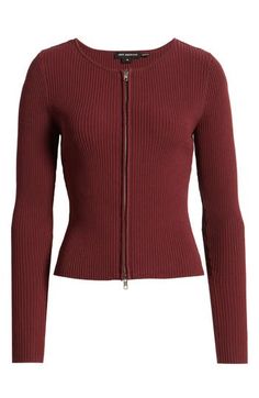 Stretchy ribbed fabric showcases every curve in this svelte cardigan with a two-way zipper that conceals or reveals as much as you want. Two-way front-zip closure Crewneck Long sleeves 55% rayon, 42% nylon, 3% elastane Machine wash, dry flat Imported Black Owned/Founded Versatile Fall Top With Zipper Closure, Versatile Fall Tops With Zipper Closure, Long Sleeve Zipper Cardigan For Layering, Stretch Sweater With Zipper Closure For Fall, Fitted Fall Sweater With Zipper Closure, Fitted Sweater With Zipper Closure For Fall, Fitted Ribbed Outerwear For Layering, Fitted Tops With Zipper Closure For Layering, Zip Cardigan