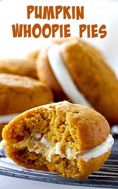 Eaten pumpkin whoopie pie filled with cream cheese on a wire rack. More whoopies in background. Brown text overlay. Pumpkin Woopie Cookies, Whoops Pies, Mom Desserts, Whoopi Pies, Pumpkin Whoopie Pie Recipe, Pumpkin Foods, Pumpkin Food, Whoopie Pie Recipe, Pumpkin Whoopie Pies