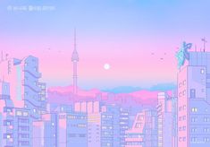 the city skyline is pink and blue with birds flying over it