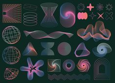 an assortment of different shapes and sizes on a black background, including the shape of a sphere