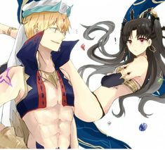 two anime characters with long black hair and no shirt, one is holding her arm around the other's shoulder