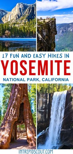 yosemite national park, california with text overlay that reads 17 fun and easy hikes in yosemite national park, california