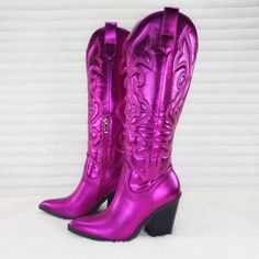 Electric Cowboy Metallic Matte Western Knee High Cowgirl Boots Hot Fuchsia Pink | Totally Wicked Footwear Electric Cowboy, Pink Western Boots, Knee High Cowgirl Boots, High Cowgirl Boots, High Heel Inserts, Jeweled Flats, Ankle Sneakers, Platform High Heel Shoes, Strappy High Heels