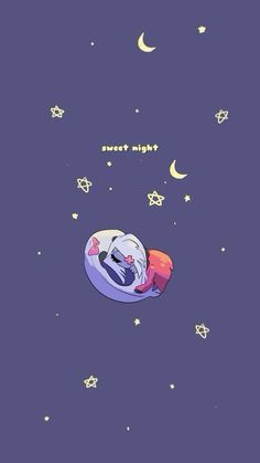 an animal sleeping on top of a pillow in the night sky with stars and moon