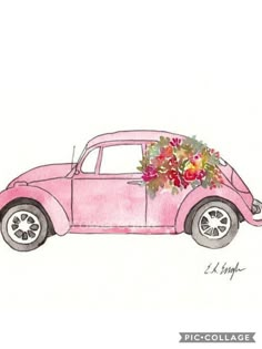 a drawing of a pink car with flowers in the back