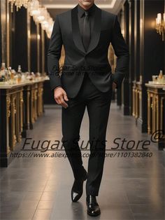 Black Luxuly Wedding Suits For Men Slim Fit Shawl Lapel Groom Formal Tuxedos 2 Pieces Sets Business All Black Groom Suit Wedding, Black Tux With White Tie, Black Tie Modern Wedding, Black Suit No Tie Men, Groomsmen Black And Green, Black Tuxedo Wedding Party, Men’s Suit Black Wedding, All Black Tuxedo For Men Wedding, Black Tie Wedding Groom