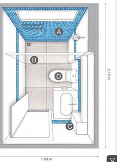 a blue and white bathroom is shown with the measurements for the shower, toilet and sink