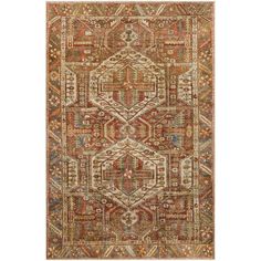 an antique rug with many different colors and patterns on the carpet, including red, orange,