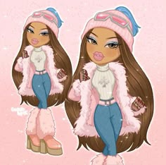 a drawing of a girl with long brown hair and pink fur on her head, wearing blue jeans