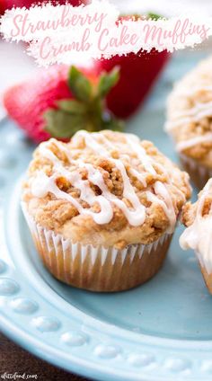 strawberries and cream cake muffins on a blue plate