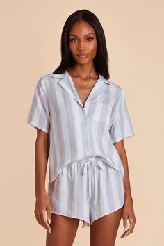 Say hello to the trendiest pajama set on the block. Prepare to see these resort-chic stripes everywhere. Button Up Pajama Set, Getting Ready Pjs Wedding, Womens Pajama Set, Spring Pjs, Cute Pj Sets, Bachelorette Pajamas, Bridesmaid Things, Bride Pajamas, Bridesmaid Get Ready Outfit