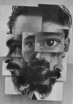 a black and white photo of a man's face with multiple squares over it