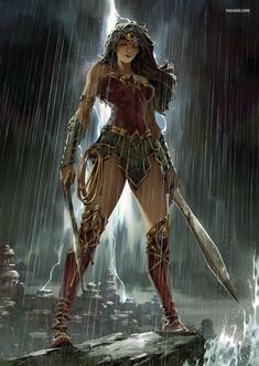 a woman dressed in armor and holding two swords standing in the rain with lightning behind her