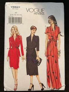 three women's dresses and one woman's coat sewing pattern, with the words v