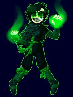 a cartoon character with green lights on his hands