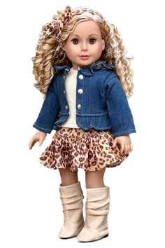 a doll with blonde hair wearing a blue jacket and leopard print skirt, boots and headband