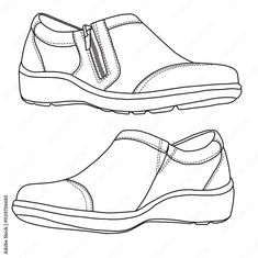 Women's Loafers Slip On with zipper Shoes Line art, Technical sketch hand drawing outline vector doodle side view isolated on white background for coloring page