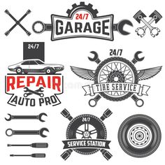 repair service emblems and badges with wrench, car wheel, tire changer