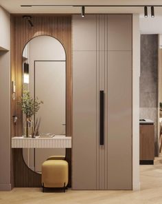 a bathroom with a sink, mirror and stool in it's center wall area