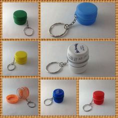 several different types of key chains and containers