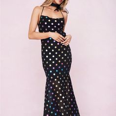 Super Super Cute And Never Worn Polka Dot Sleeveless Maxi Dress For Party, Sleeveless Polka Dot Maxi Dress For Party, Chic Polka Dot Maxi Dress For Party, Polka Dot Maxi Dress, Poka Dot, Long Slip Dress, Polka Dot Maxi Dresses, Black Halter Dress, Panel Dress