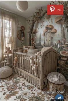 a baby crib in front of a mushroom themed wall